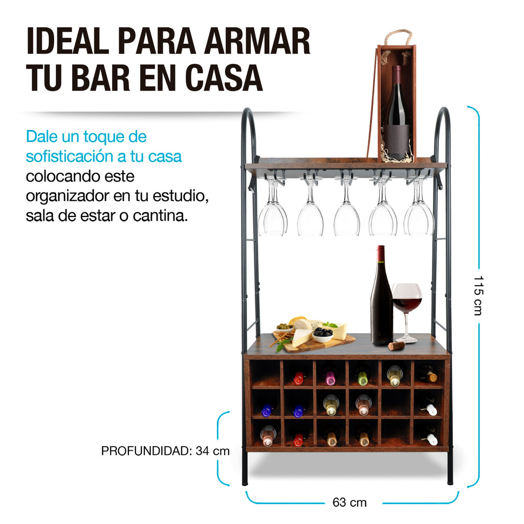 Cava de Vino tipo Cantina Mueble Organizador para 18 Botellas y Copas