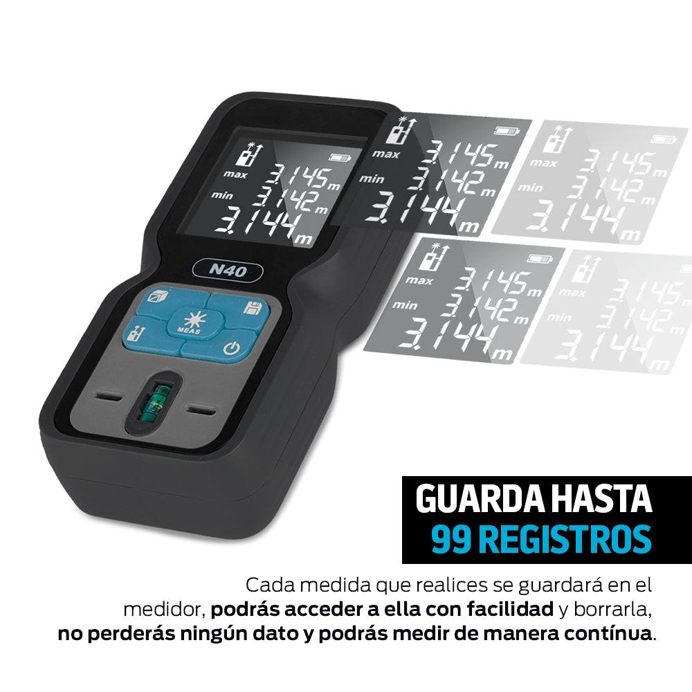 Medidor Láser Portátil de 40 Metros. Telémetro para Distancia, Altura, Área y Volumen