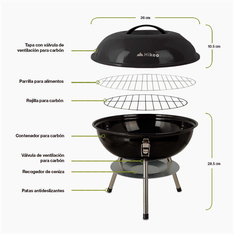 Asador de Carbón Portátil de 36 cm con Tapa HIKEO