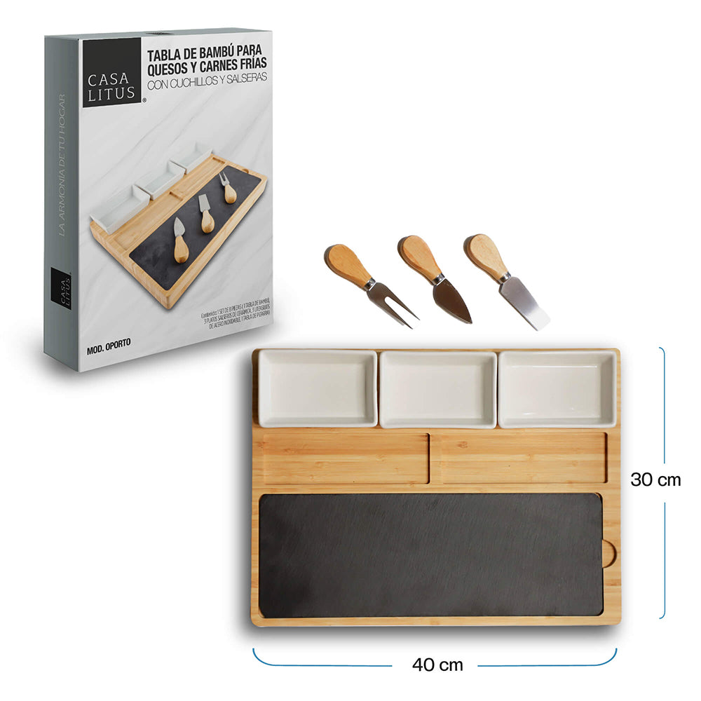 Tabla de bambú para charcutería con 3 salseros