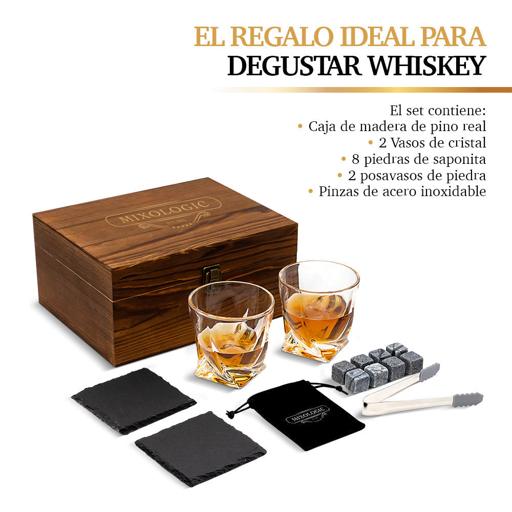 Set para Whisky con 2 Vasos, 8 Piedras y Caja de Madera