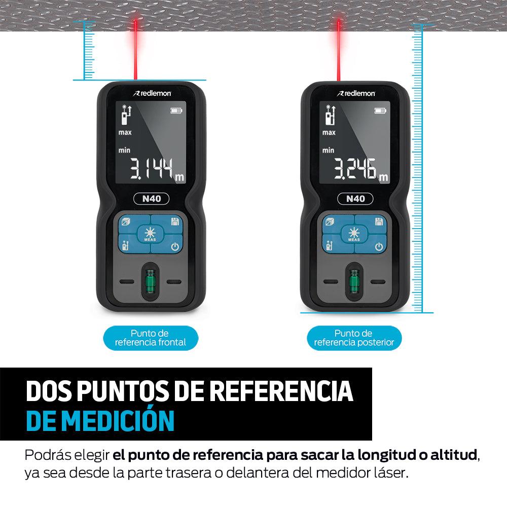Medidor Láser Portátil de 40 Metros. Telémetro para Distancia, Altura, Área y Volumen