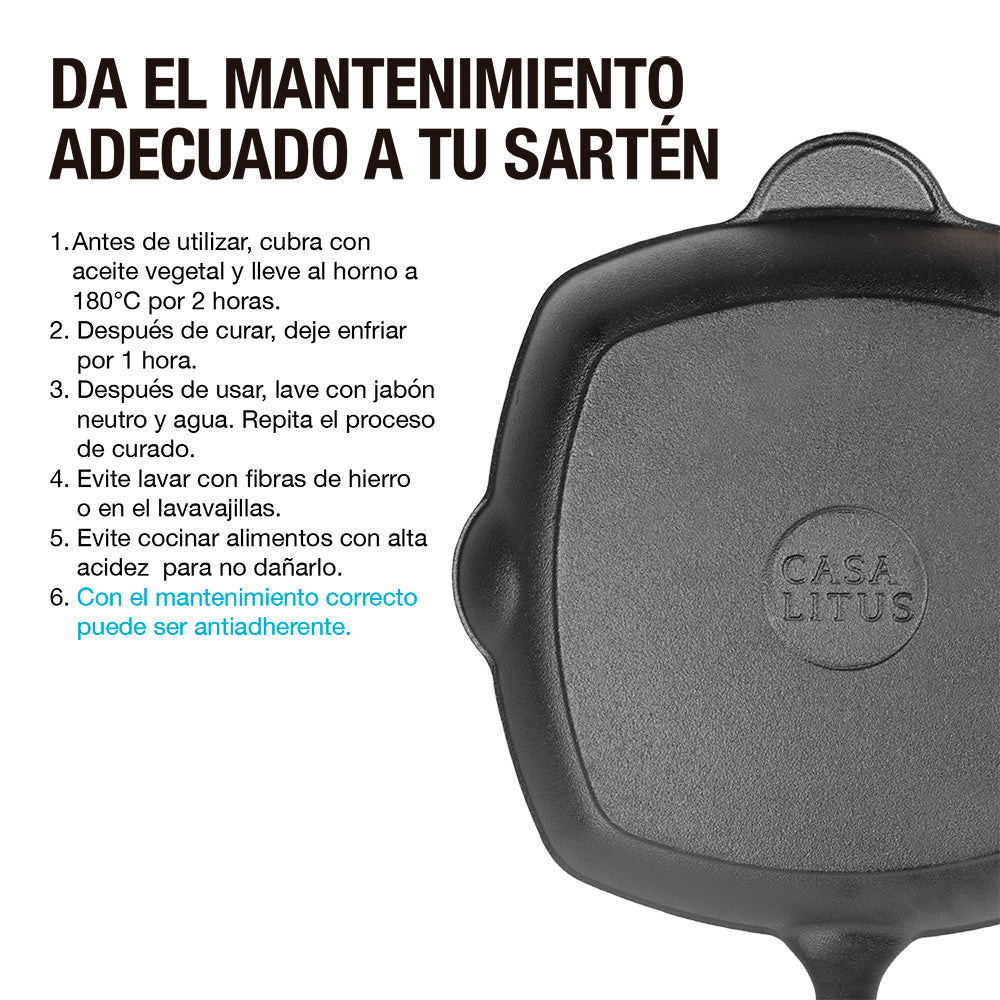 Sartén Grill de Hierro Fundido Precurado de 2 L
