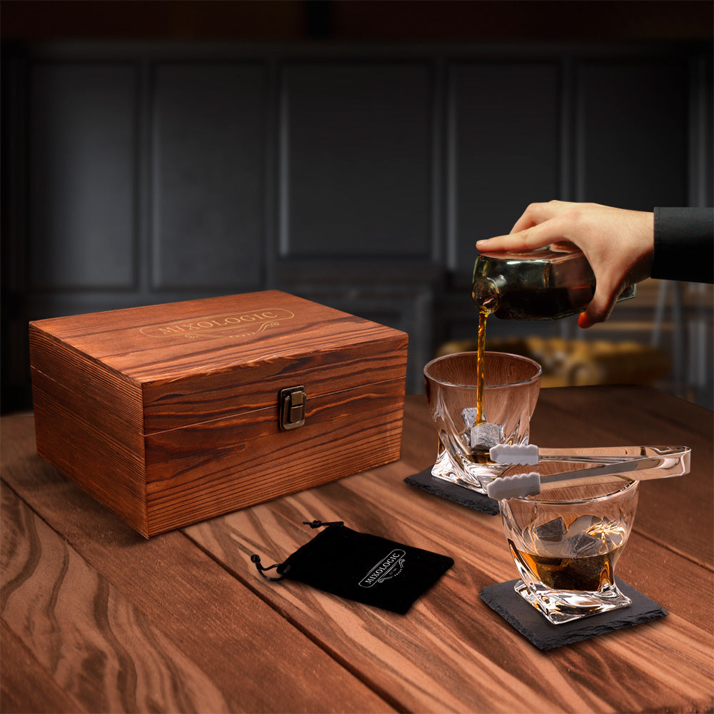 Set para Whisky con 2 Vasos, 8 Piedras y Caja de Madera