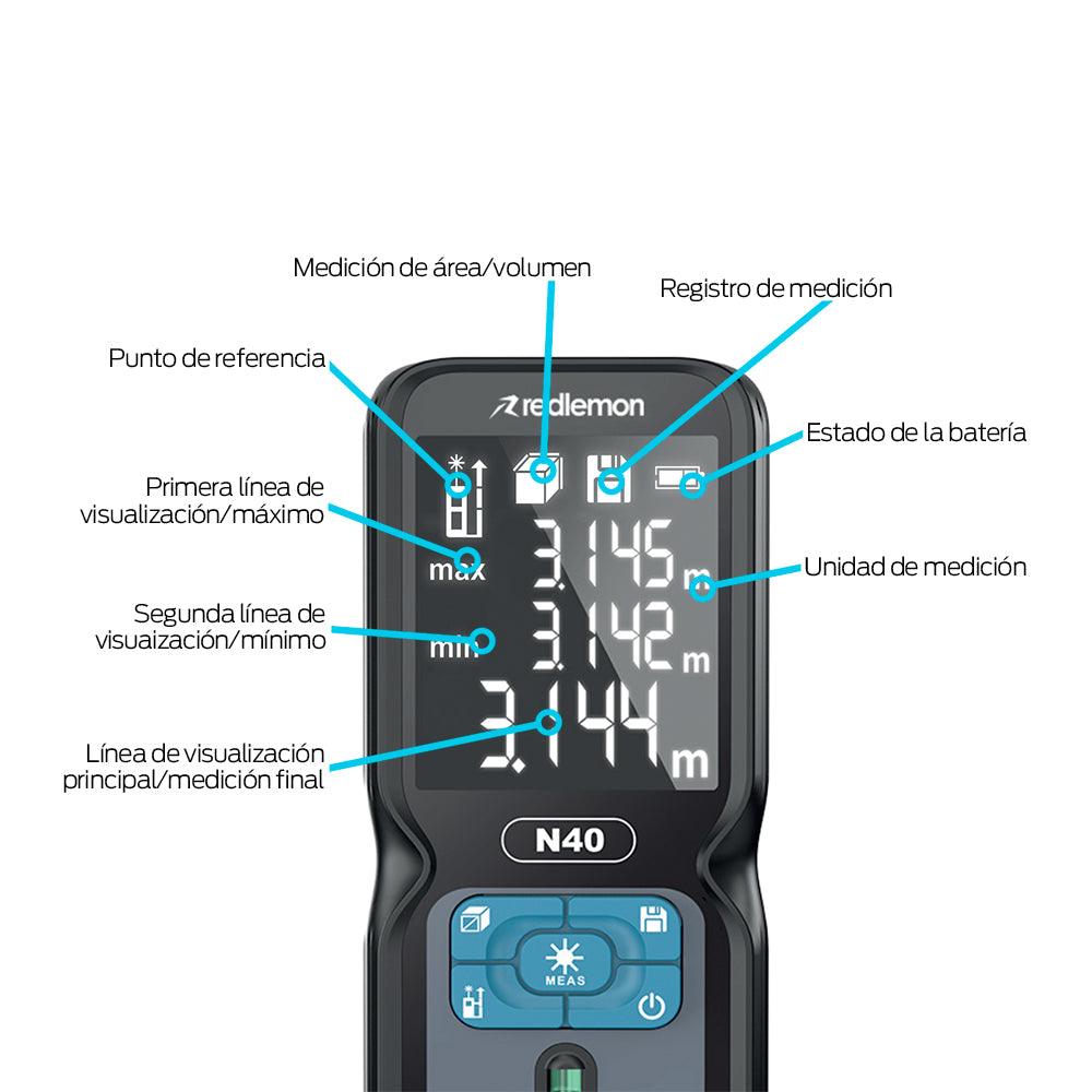 Medidor Láser Portátil de 40 Metros. Telémetro para Distancia, Altura, Área y Volumen