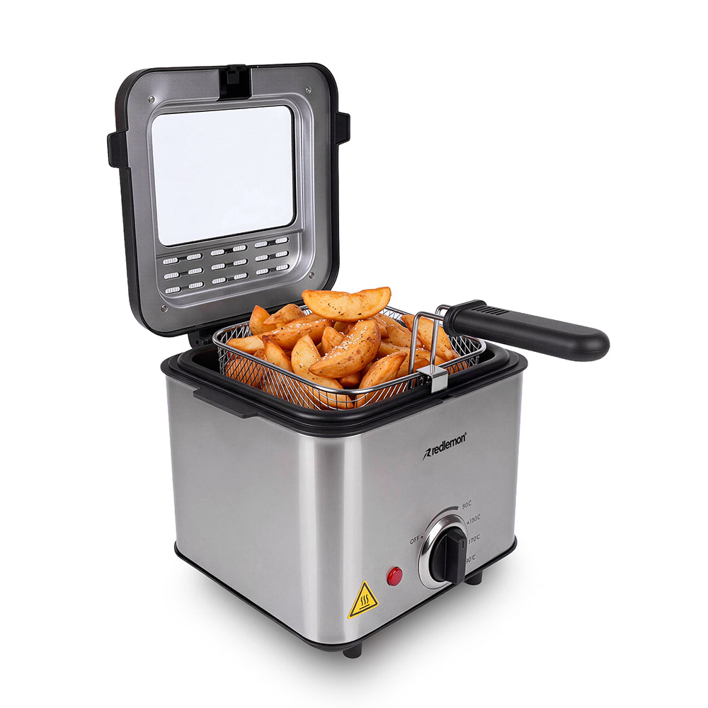 Freidora de Aceite Eléctrica 1.5 L Compacta, Canastilla Desmontable y Tapa con Ventana