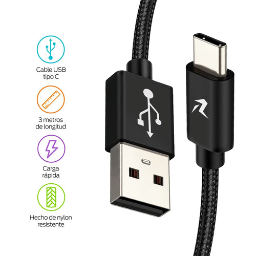 Cable USB a USB-C de 3 m con recubrimiento de nylon
