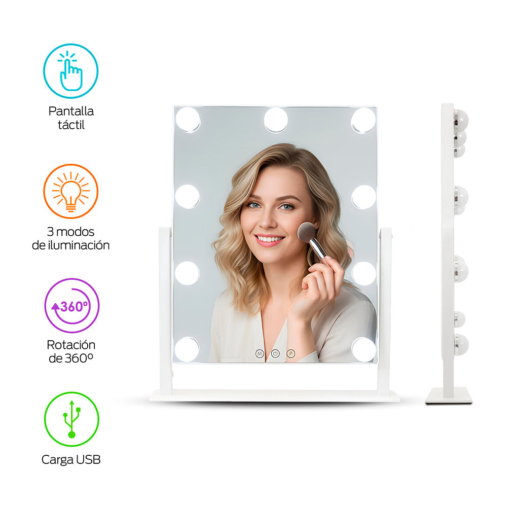 Espejo de Maquillaje con 9 Luces LED y Giro de 360°
