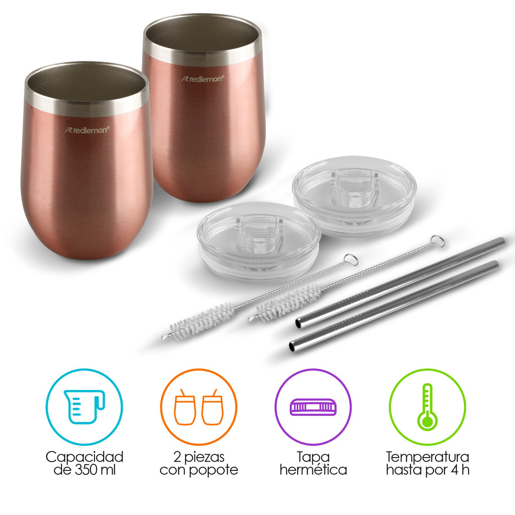Set de 2 Vasos Térmicos de Acero 350 ml con Tapa y Popote