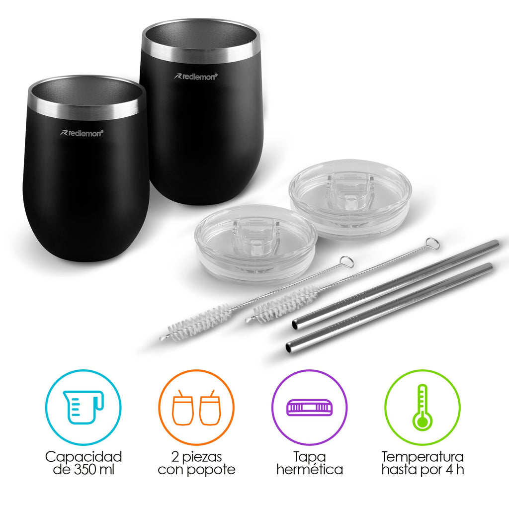 Set de 2 Vasos Térmicos de Acero 350 ml con Tapa y Popote