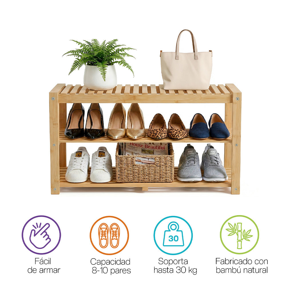 Zapatera de Bambú de 3 Niveles para 8 a 10 Pares