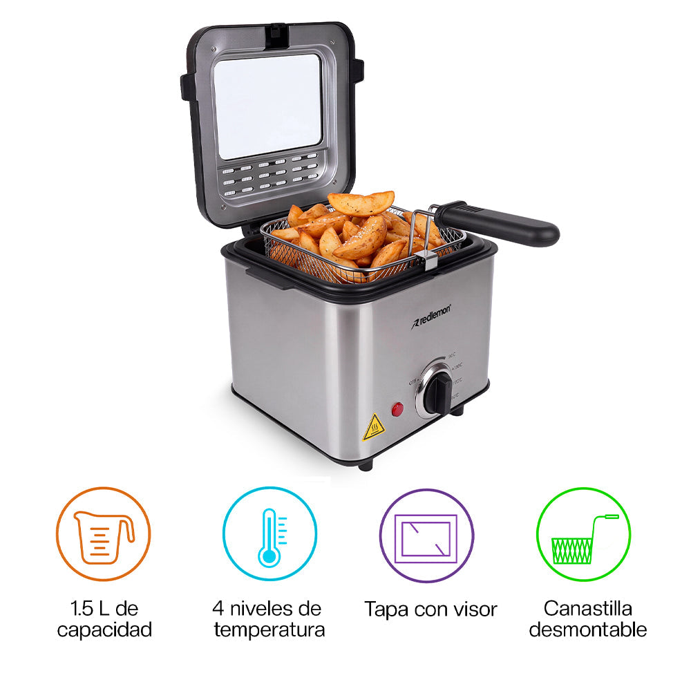 Freidora de Aceite Eléctrica 1.5 L Compacta, Canastilla Desmontable y Tapa con Ventana
