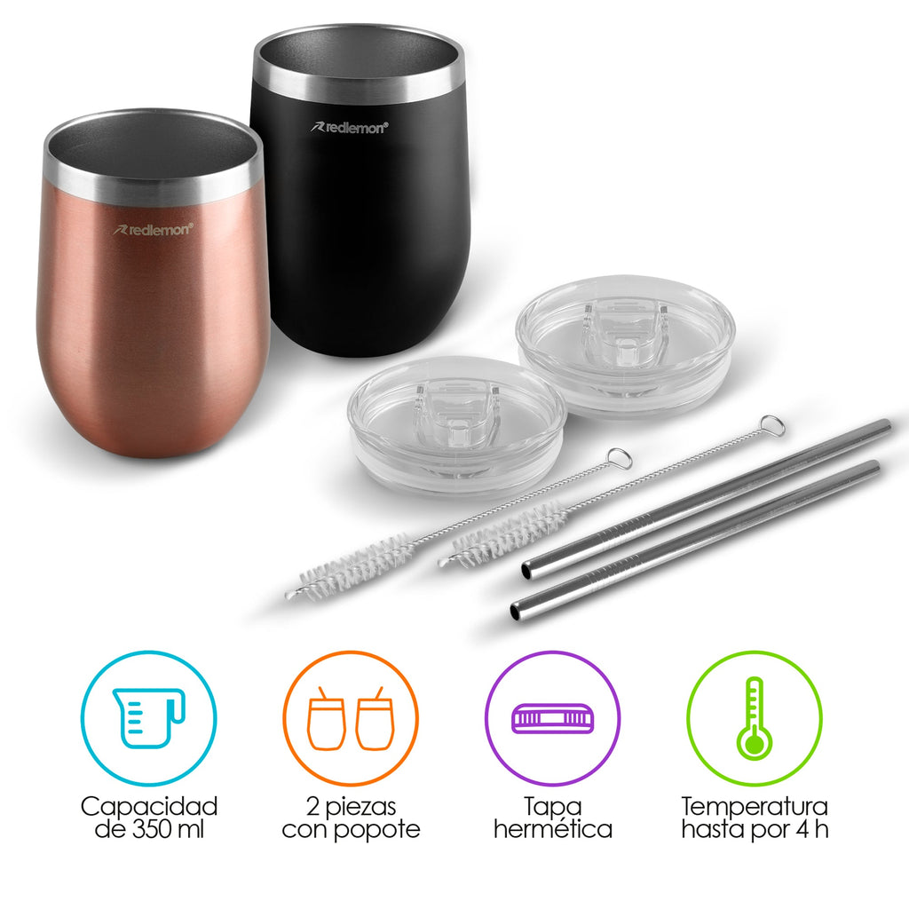 Set de 2 Vasos Térmicos de Acero 350 ml con Tapa y Popote