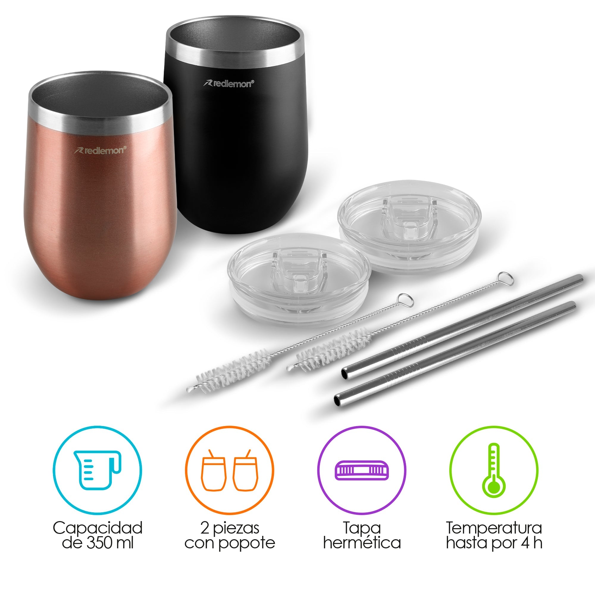 Set de 2 Vasos Térmicos de Acero 350 ml con Tapa y Popote