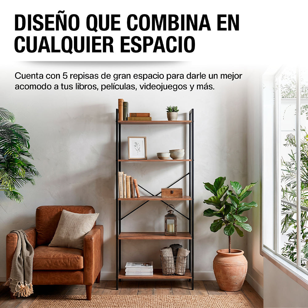 Librero de 5 Niveles Ajustables de Madera y Acero