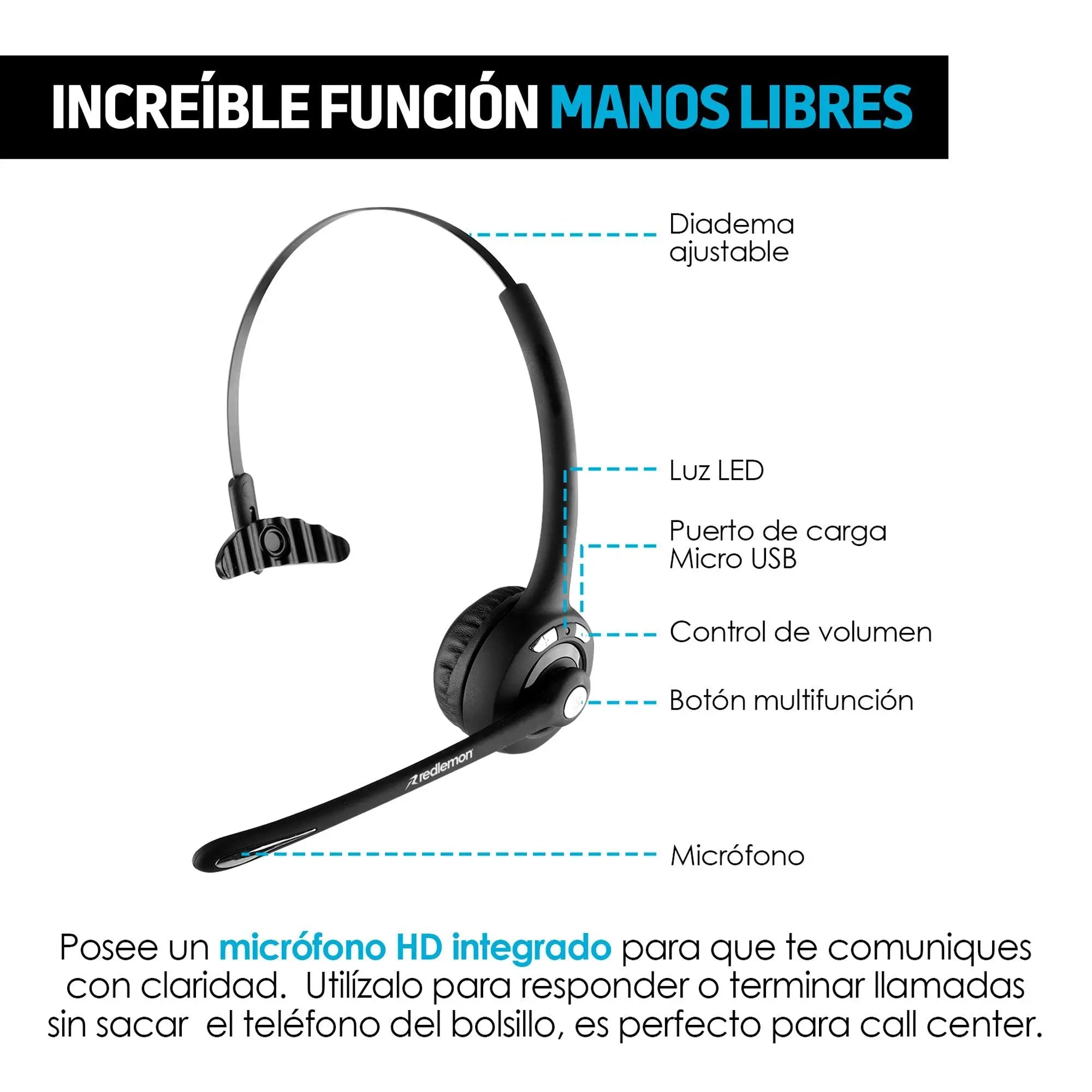 Audífono Bluetooth de Diadema con Micrófono Inalámbrico tipo Call Center para PC, Laptop, Mac, Windows, Android e IOS (iPhone)