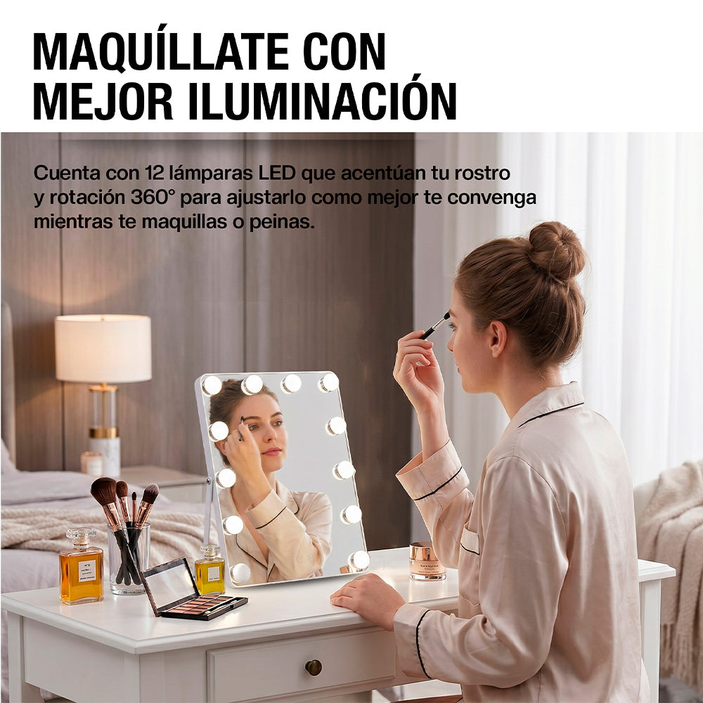 Espejo con Luz LED para Maquillaje tipo Hollywood (31x26 cm)