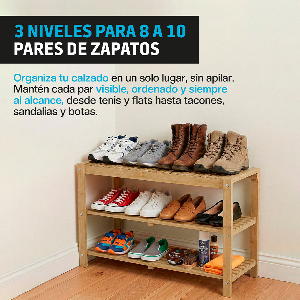 Zapatera de Bambú de 3 Niveles para 8 a 10 Pares