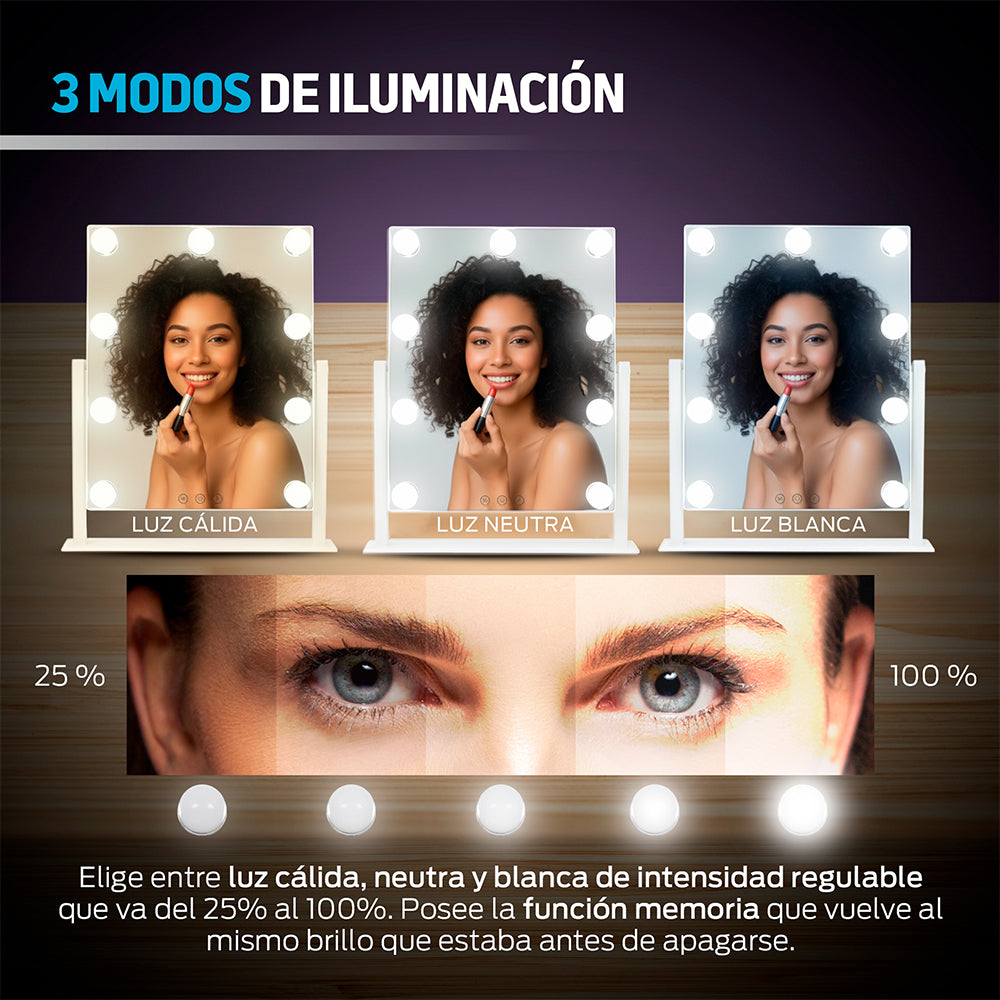 Espejo de Maquillaje con 9 Luces LED y Giro de 360°
