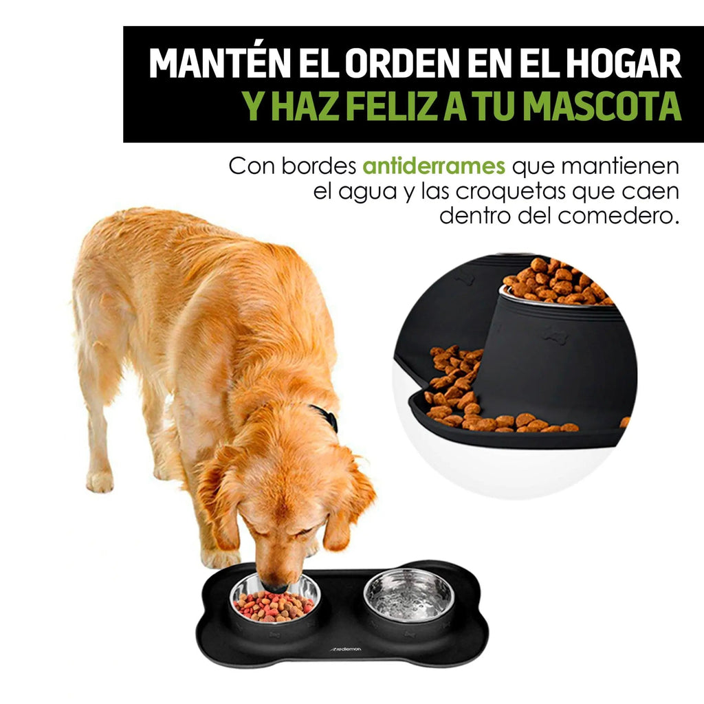 Plato para Perro Con 2 Tazones y Tapete de Silicón