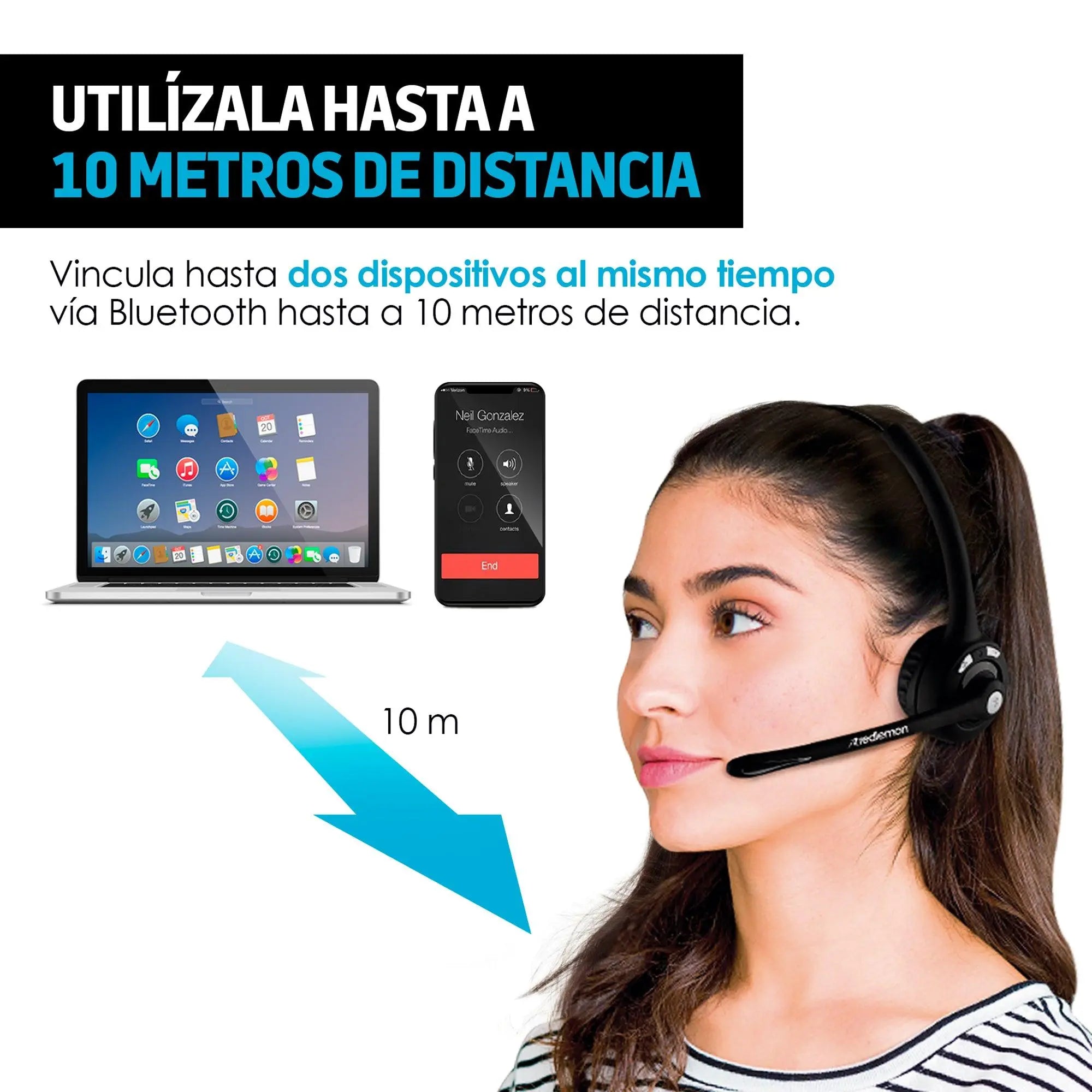 Audífono Bluetooth de Diadema con Micrófono Inalámbrico tipo Call Center para PC, Laptop, Mac, Windows, Android e IOS (iPhone)