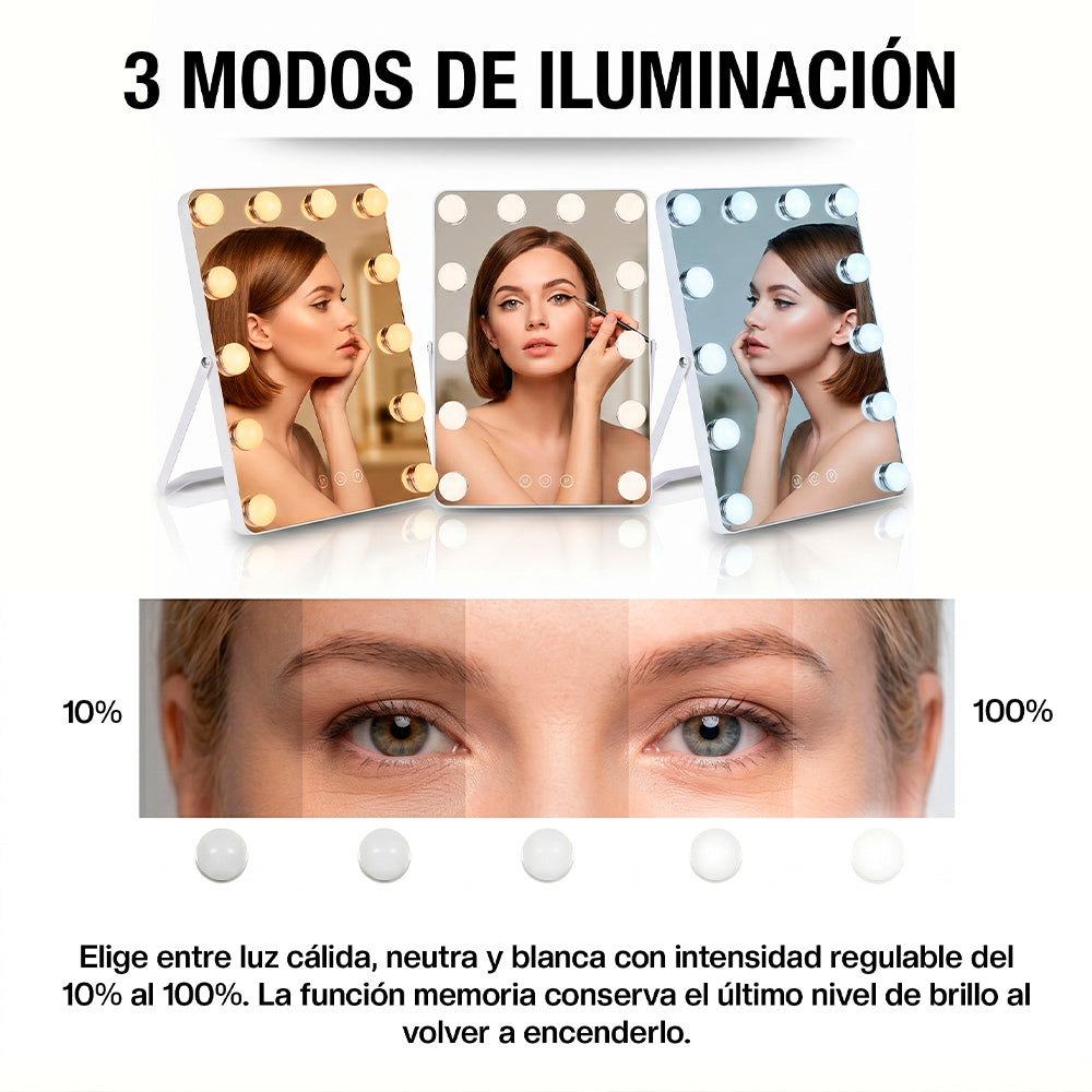 Espejo con Luz LED para Maquillaje tipo Hollywood (31x26 cm)