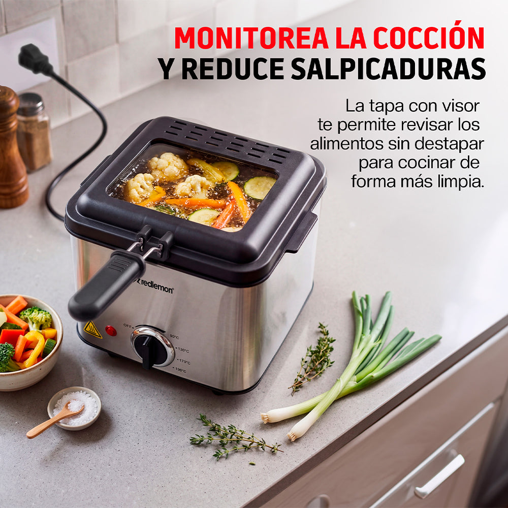 Freidora de Aceite Eléctrica 1.5 L Compacta, Canastilla Desmontable y Tapa con Ventana