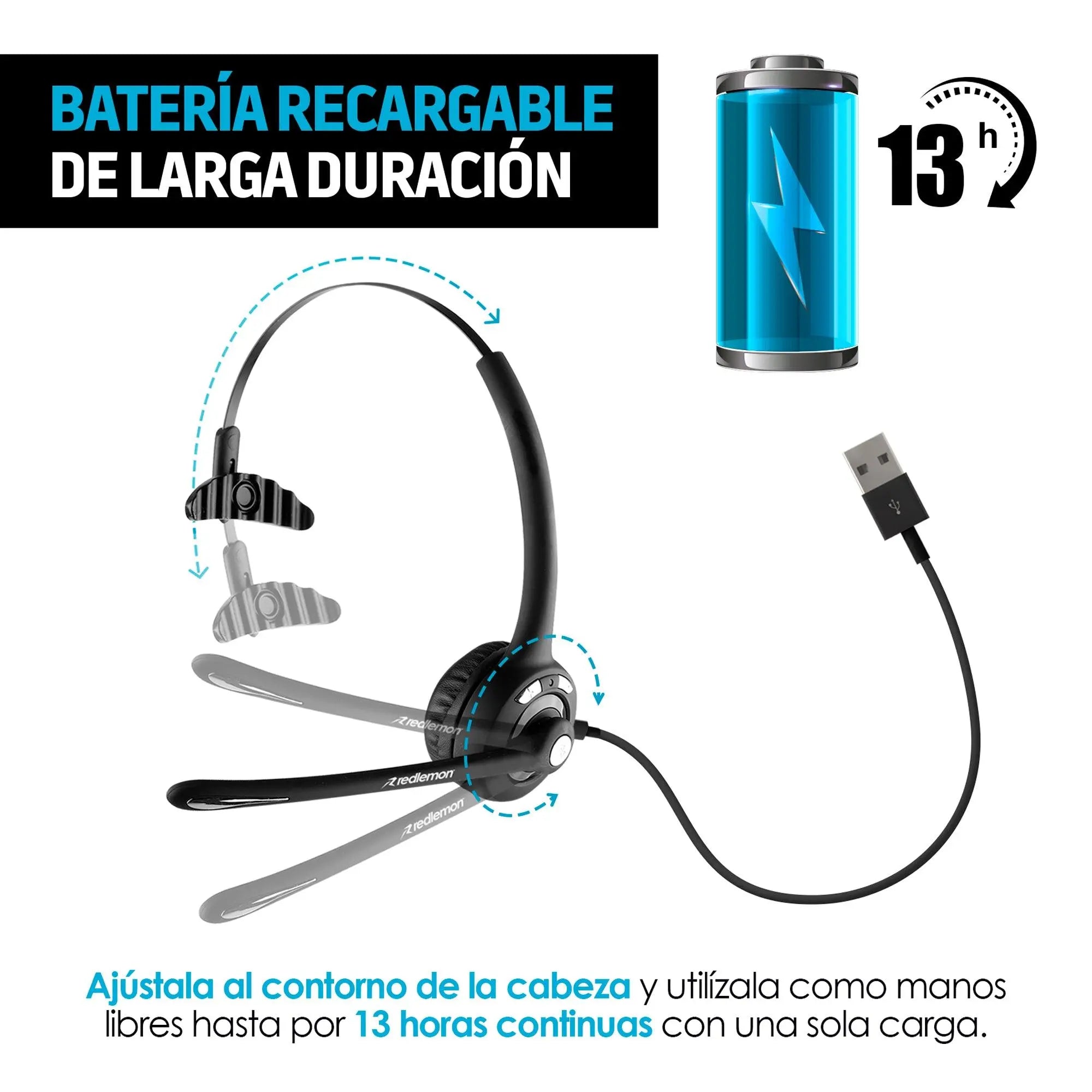 Audífono Bluetooth de Diadema con Micrófono Inalámbrico tipo Call Center para PC, Laptop, Mac, Windows, Android e IOS (iPhone)