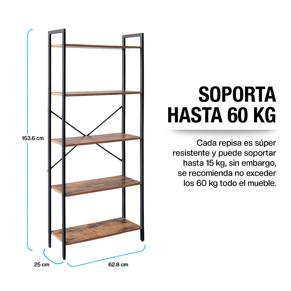 Librero de 5 Niveles Ajustables de Madera y Acero