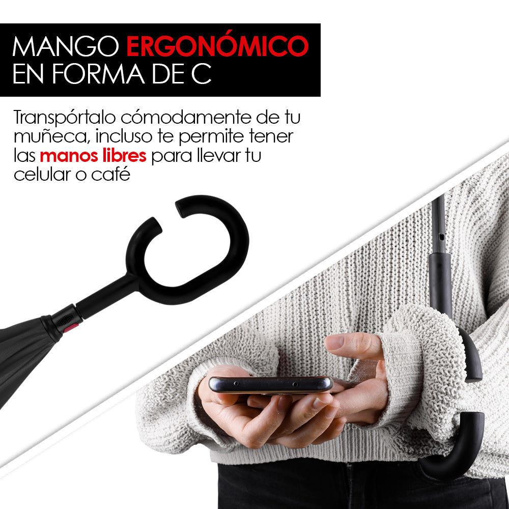 Paraguas Invertido de Doble Capa con Mango en C, 100 cm