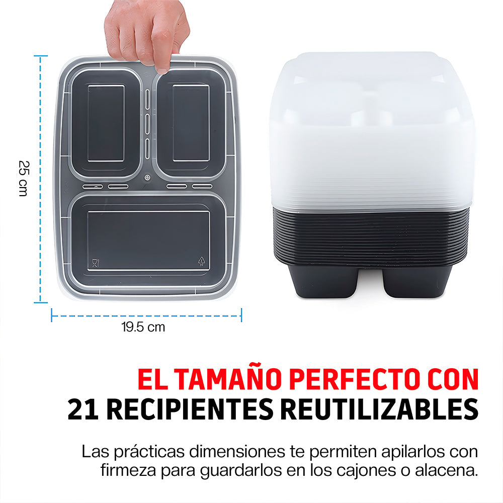 Set de 21 Contenedores Bento con 3 Compartimentos