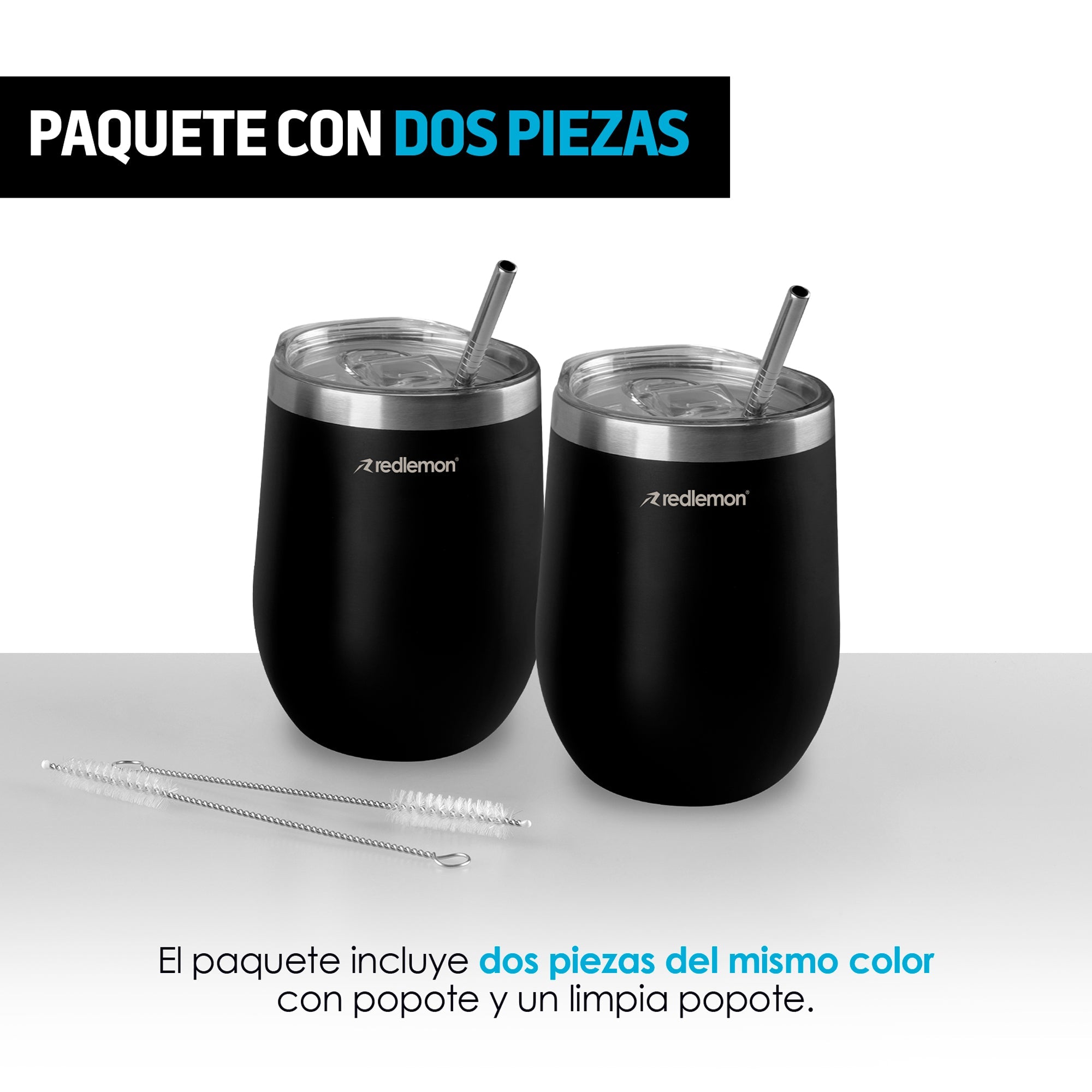 Set de 2 Vasos Térmicos de Acero 350 ml con Tapa y Popote