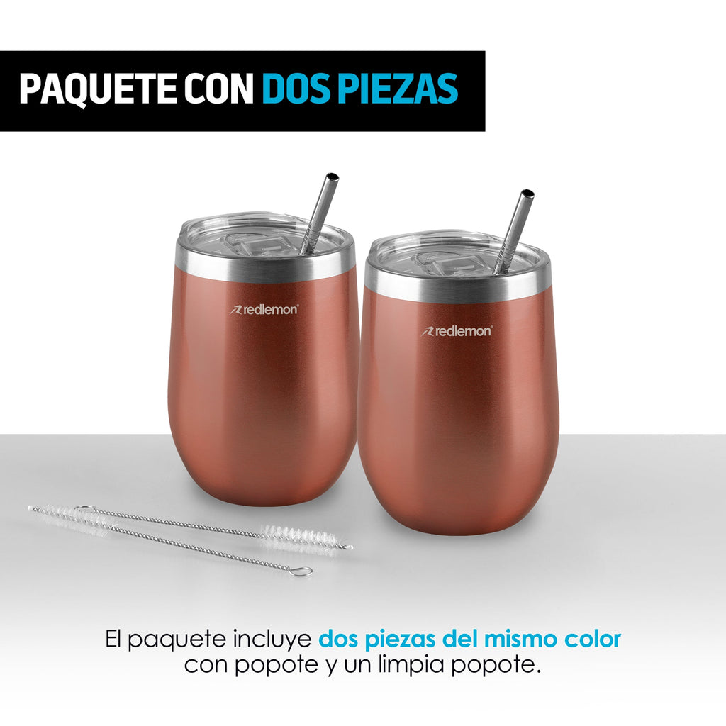Set de 2 Vasos Térmicos de Acero 350 ml con Tapa y Popote