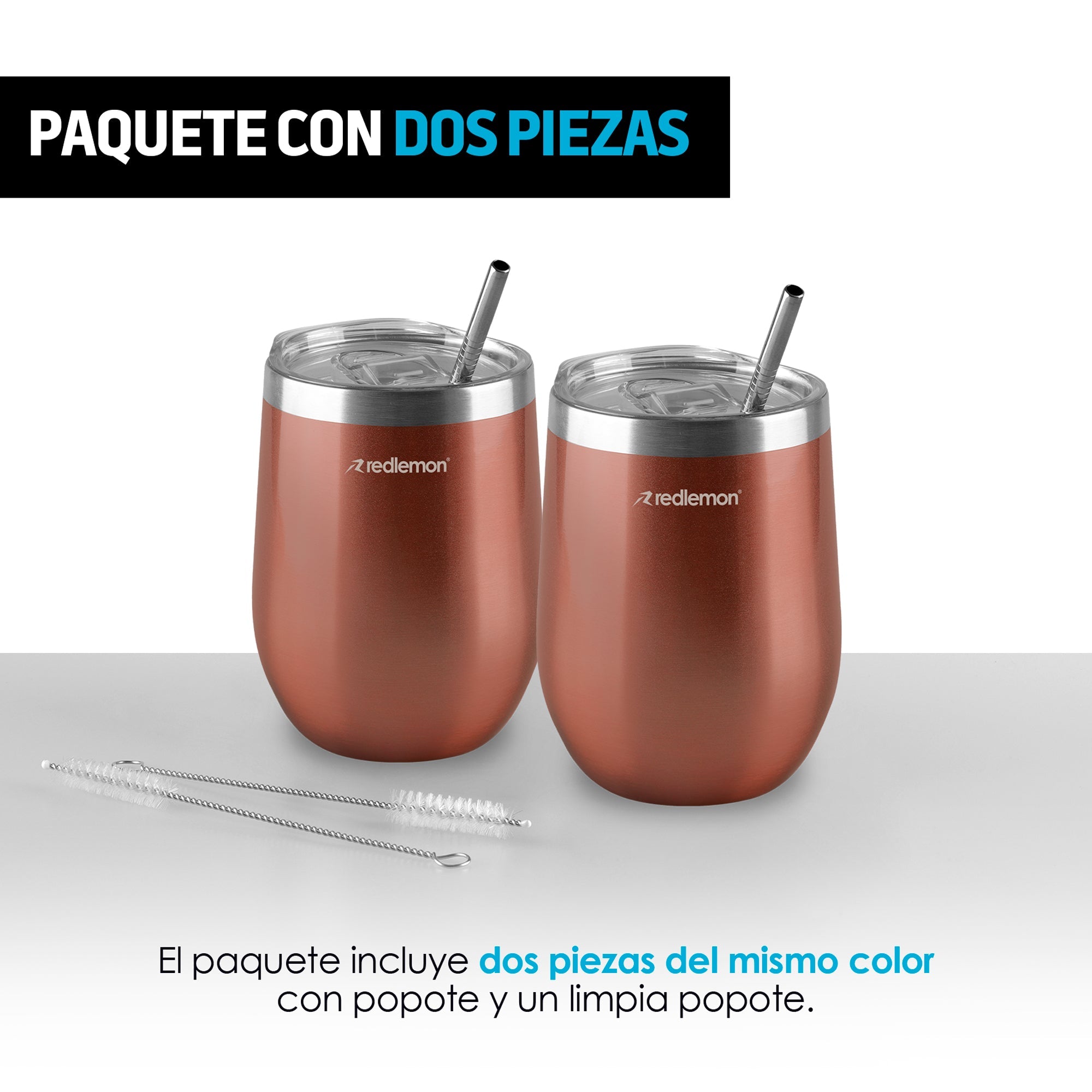 Set de 2 Vasos Térmicos de Acero 350 ml con Tapa y Popote