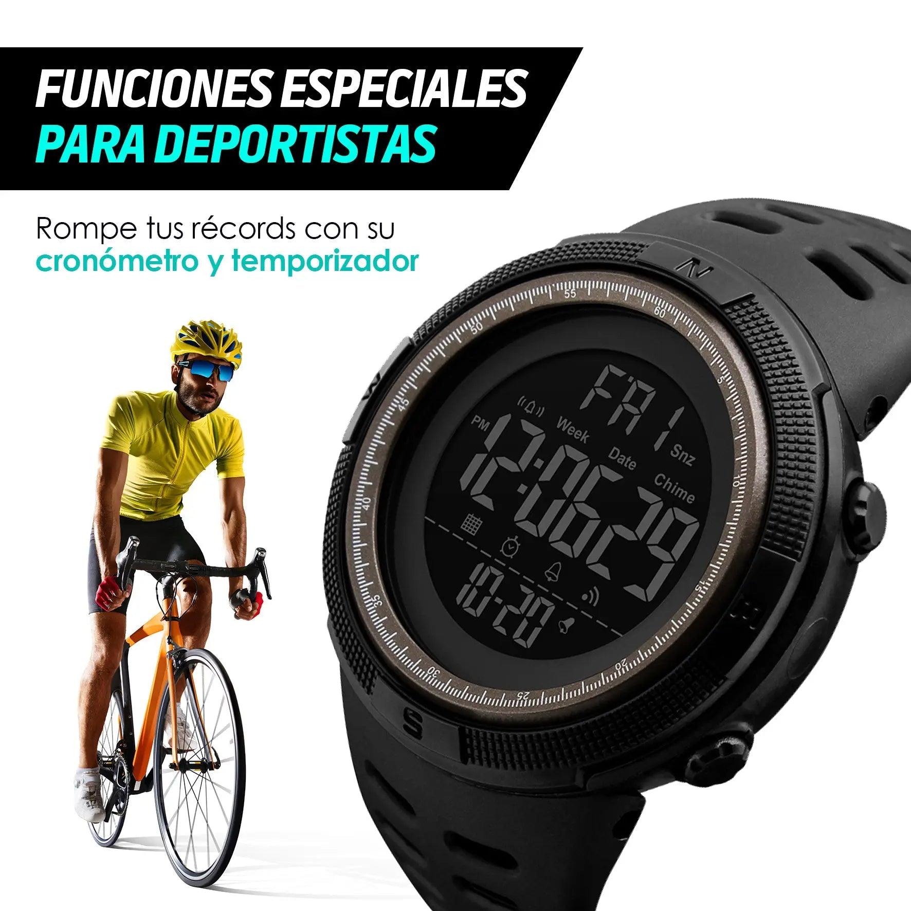 Reloj Deportivo Resistente Agua Digital, Alarma, Cronómetro 1251