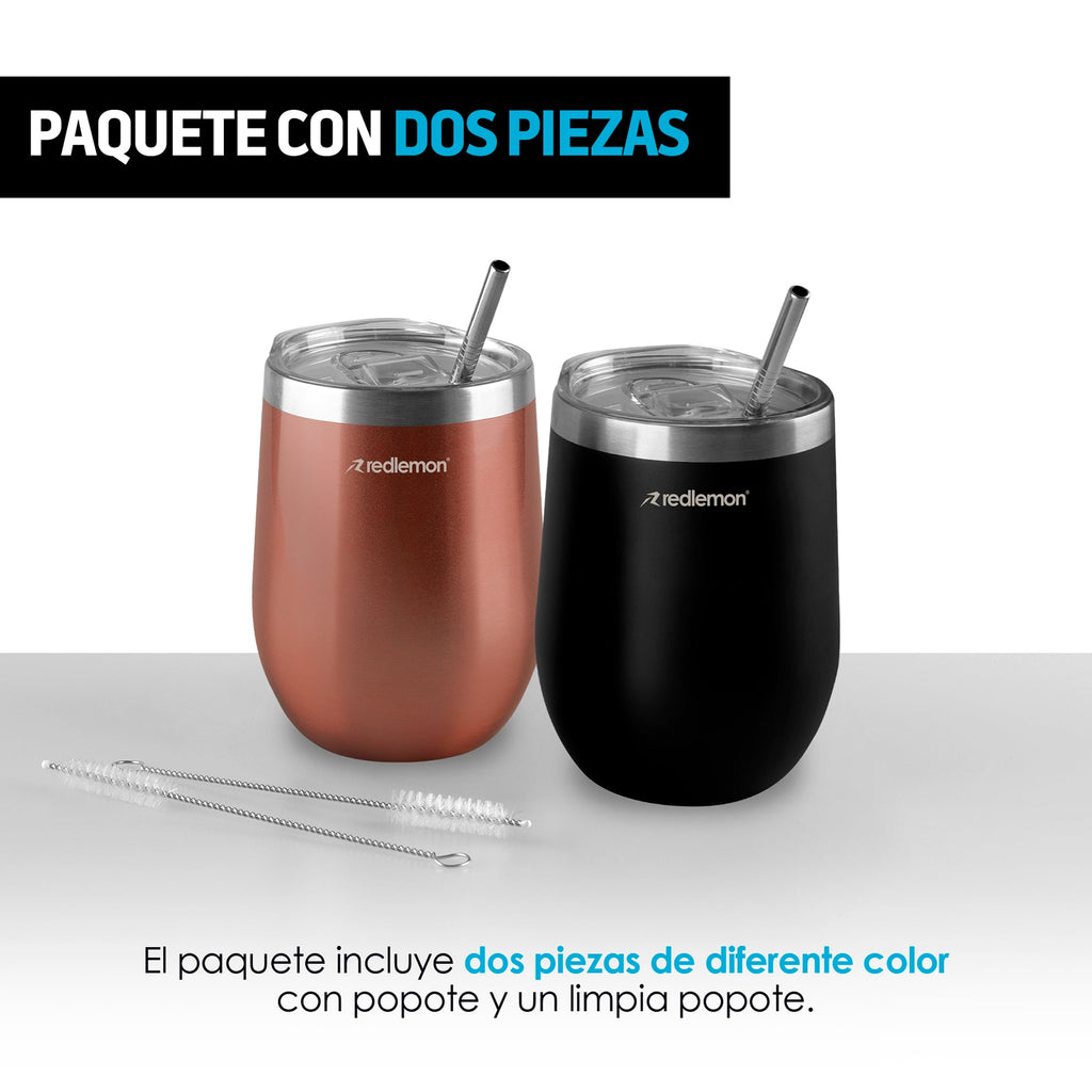 Set de 2 Vasos Térmicos de Acero 350 ml con Tapa y Popote