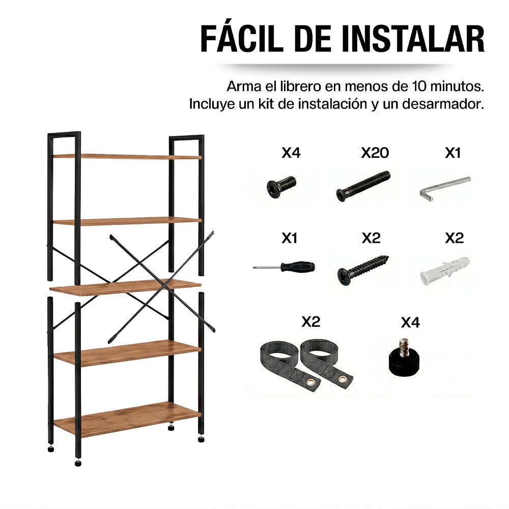Librero de 5 Niveles Ajustables de Madera y Acero