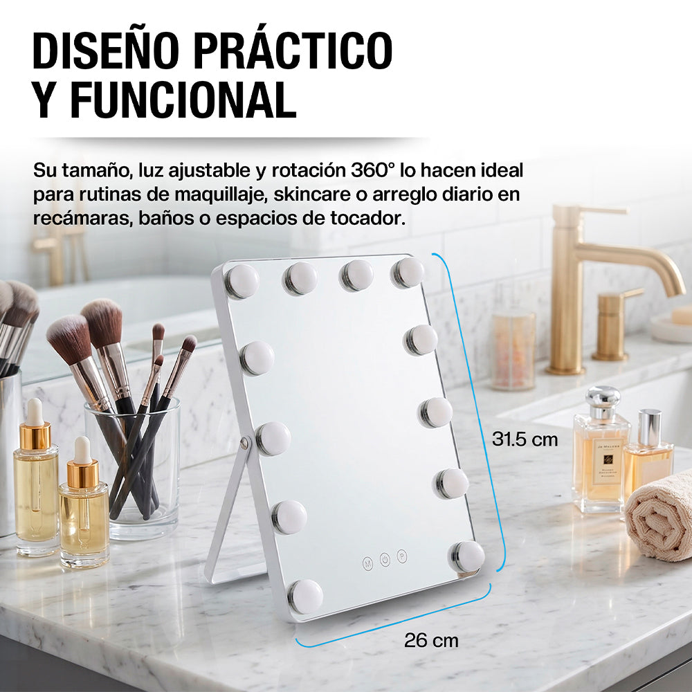 Espejo con Luz LED para Maquillaje tipo Hollywood (31x26 cm)