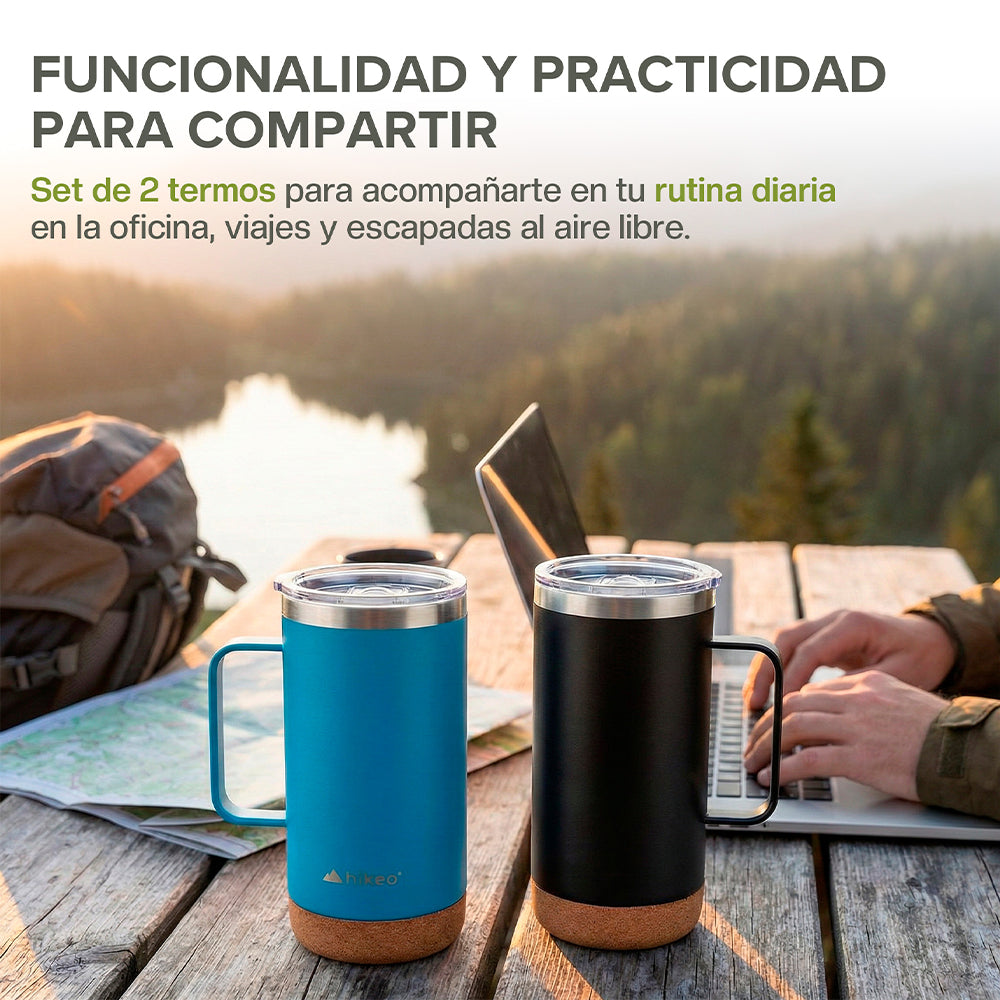 Set de 2 Termos de 700 ml con Base de Corcho y Popote